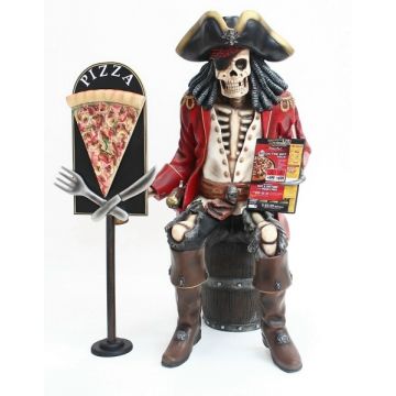 Piratenskelett auf Weinfass mit Pizzaschild lebensgroß