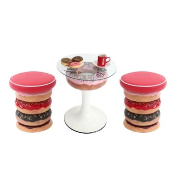 Donuttisch rosa auf Ständer mit Glasplatte und Donuthocker klein vergrößert