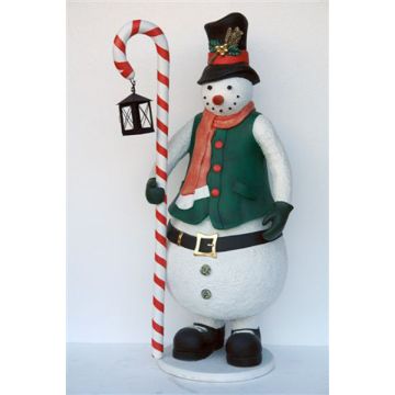 Schneemann mit Zuckerstange und Laterne lebensgroß