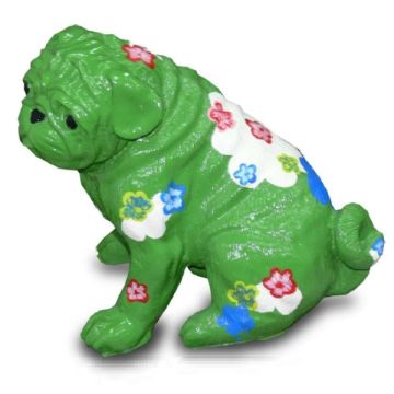 Mops grün mit dekorativer Blumenbemalung modern lebensgroß