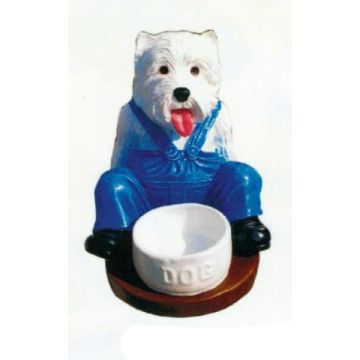 West Highland Terrier sitzend mit Napf und Latzhose lebensgroß