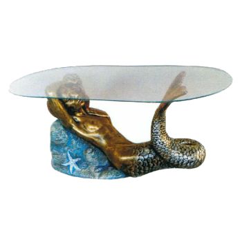 Glastisch mit bronzefarbener Meerjungfrau verkleinert