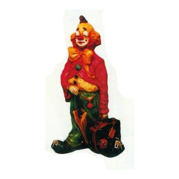 trauriger Clown klein mit offenem Koffer verkleinert