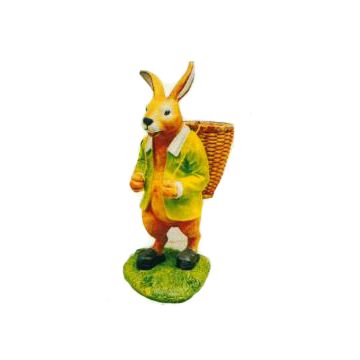 laufender Osterhase mit grünem Hemd und Korb vergrößert
