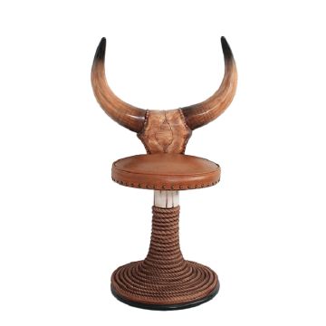 Stierhorn Barhocker mit braunem Polster und Seilen lebensgroß