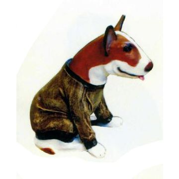 Kampfhund Bullterrier sitzend mit Pullover lebensgroß