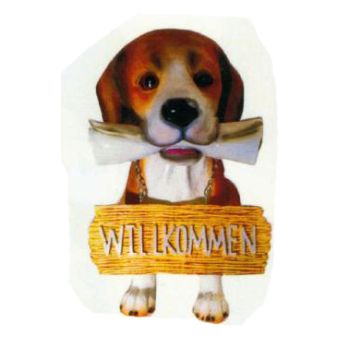 Beagle sitzend mit Willkommensschild lebensgroß