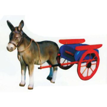 Esel mit buntem Zugwagen lebensgroß