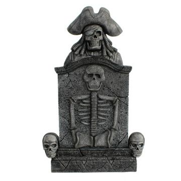 Piratenskelett und Totenköpfe Grabstein mit Skelett lebensgroß