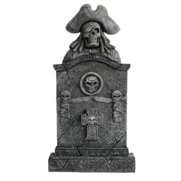 Piratenskelett Grabstein mit Totenköpfen und Kreuz lebensgroß