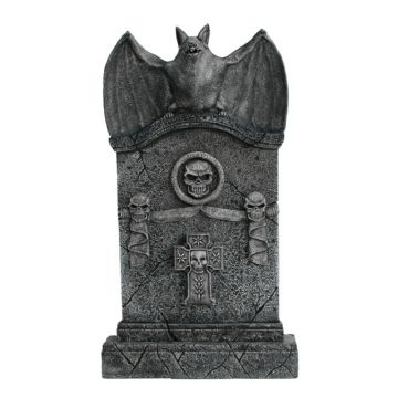 Fledermaus Grabstein mit Totenköpfen und Kreuz lebensgroß