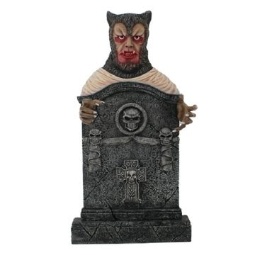 Werwolf Grabstein mit Totenköpfen und Kreuz lebensgroß