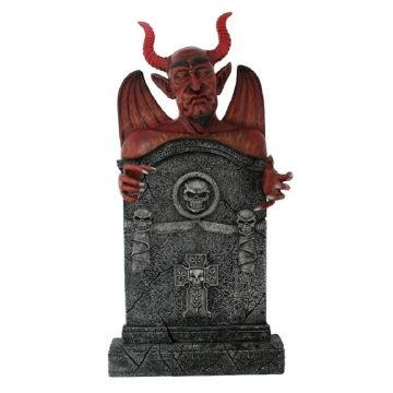 Teufel Grabstein mit Totenköpfen und Kreuz lebensgroß