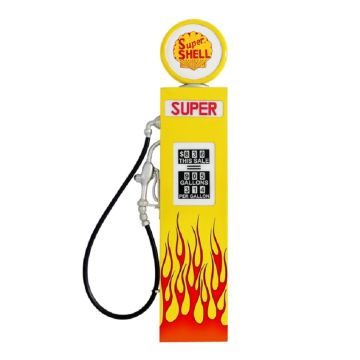Retro Zapfsäule Gelb mit Flammen als Wanddeko verkleinert