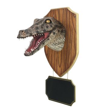 Alligatorkopf mit Angebotsschild lebensgroß