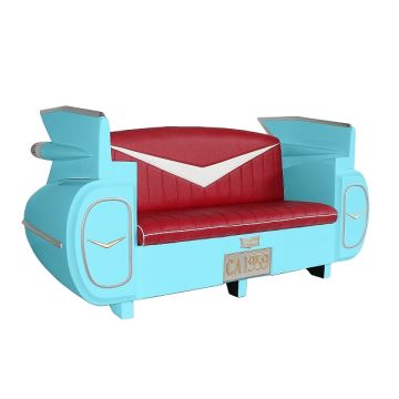 Sofa Cadillac Hellblau mit rotem Polster lebensgroß