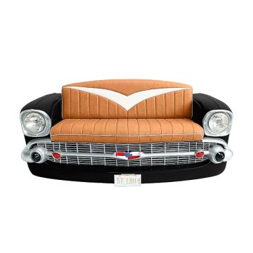 Sofa Chevy Schwarz mit braunem Polster und Zeitschriften und Get lebensgroß