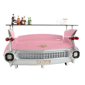 Bar Cadillac Rosa mit blauen Flammen und Kofferraumschrank lebensgroß