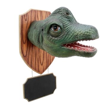 Dinosaurier Brachiosauruskopf auf Holz mit Angebotsschild lebensgroß