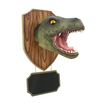 Dinosaurier Tyrannosauruskopf auf Holz mit Angebotsschild lebensgroß