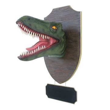 Dinosaurier Raptorkopf grün auf Holz mit Angebotsschild lebensgroß
