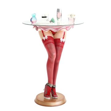 Sexy Frauenbeine mit roten Strümpfen Tisch mit Glasplatte lebensgroß