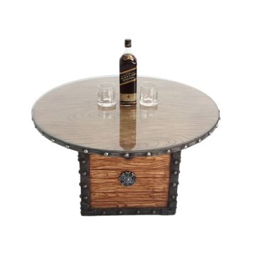 Truhe Tisch mit Holz und Glasplatte lebensgroß