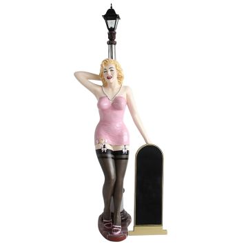 Marilyn rosa schwarz mit Laterne und Angebotstafel lebensgroß