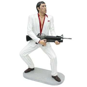 Gangster Al Pacino Scarface im weißen Anzug mit Waffe lebensgroß