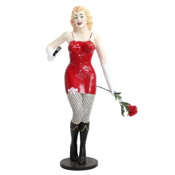 Marilyn in Rot mit Rose und Mikro lebensgroß