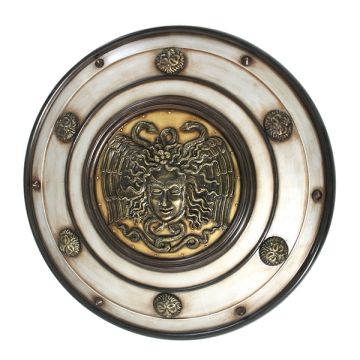 Antikes Mittelalterliches Schild mit Medusa Weiß Gold lebensgroß