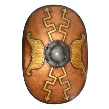 Antikes Mittelalterliches Schild Oval Orange mit goldenen Pfeile lebensgroß