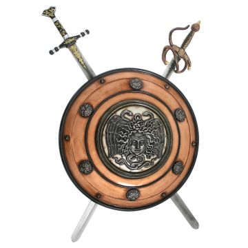 Antikes Schild mit Medusa Bronze und 2 Schwertern lebensgroß