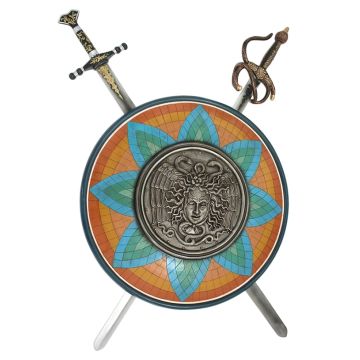 Antikes Schild mit Medusa Orange Blau Grün und 2 Schwertern lebensgroß