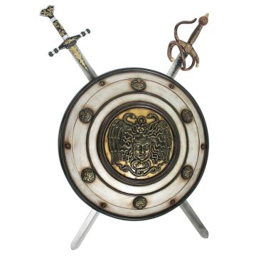 Antikes Schild mit Medusa Weiß Gold und 2 Schwertern lebensgroß