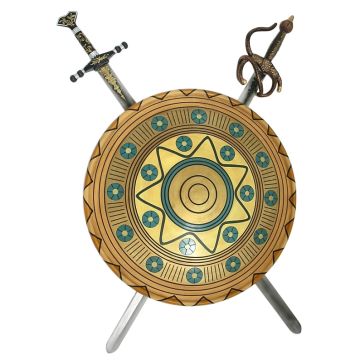 Antikes Schild Gold Blau mit 2 Schwertern lebensgroß