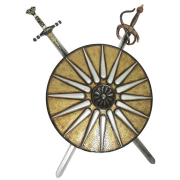 Antikes Schild Gold Weiß mit 2 Schwertern lebensgroß