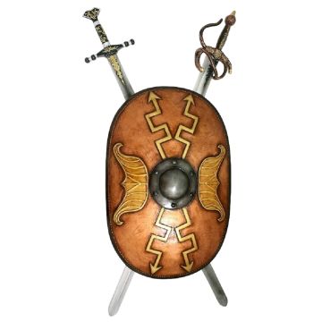 Antikes Schild Oval Orange mit goldenen Pfeilen und 2 Schwertern lebensgroß