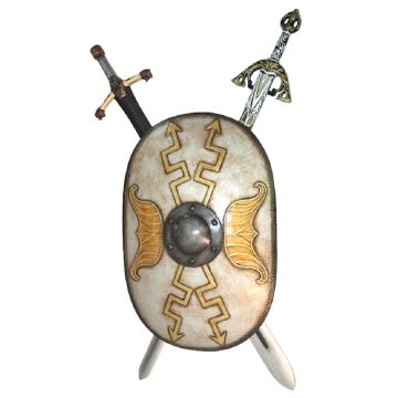 Antikes Schild Oval Weiß mit goldenen Pfeilen und 2 Schwertern 2 lebensgroß