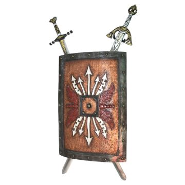 Antikes Schild mit roten Pfeilen und 2 Schwertern 2 lebensgroß