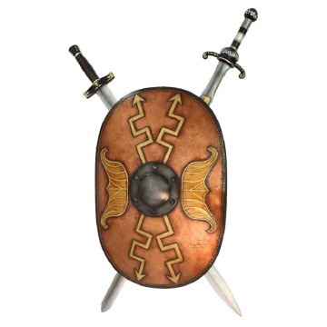 Antikes Schild Oval Orange mit goldenen Pfeilen und 2 Schwertern lebensgroß