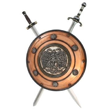 Antikes Schild mit Medusa Bronze und 2 Schwertern 2 lebensgroß