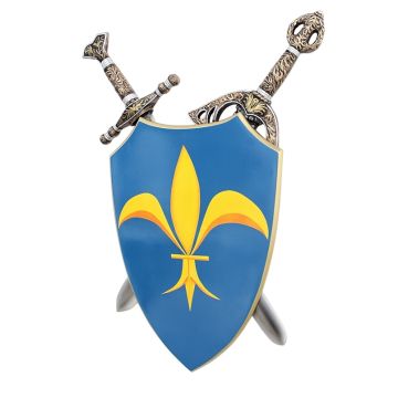 Schild Blau Gelb mit Schwertern dahinter lebensgroß