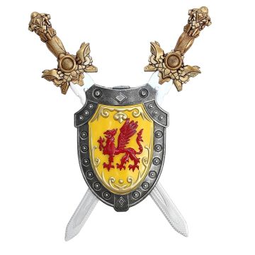 Schild mit rotem Drachen und Schwertern dahinter lebensgroß