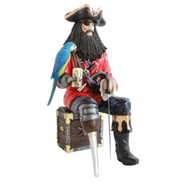 Pirat Blackbeard mit Papagei auf Schatztruhe lebensgroß