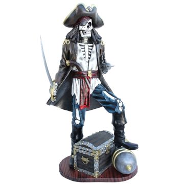 Piratenskelett auf Kanone mit Schatztruhe lebensgroß