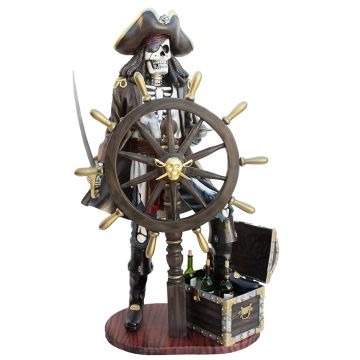 Piratenskelett mit Truhe für Wein und Steuer schwarz lebensgroß