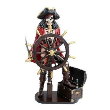 Piratenskelett mit Truhe für Wein und Steuer rot lebensgroß