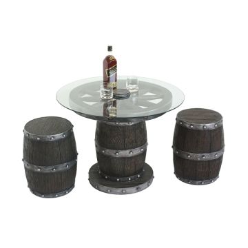 Weinfass mit Rad Tisch mit Glasplatte und Hockern lebensgroß