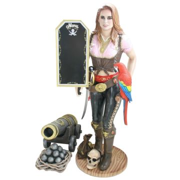Piratenfrau Butler mit Papagei, Kanone und Angebotsschild lebensgroß